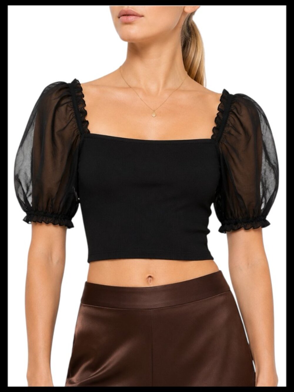 Aritzia Wilfred Black Square Neck Puff Sleeve Crop Top S